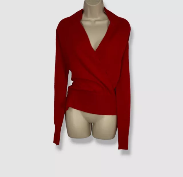 $395 Neiman Marcus Cashmere Women's Red Faux-Wrap Sweater Size Large