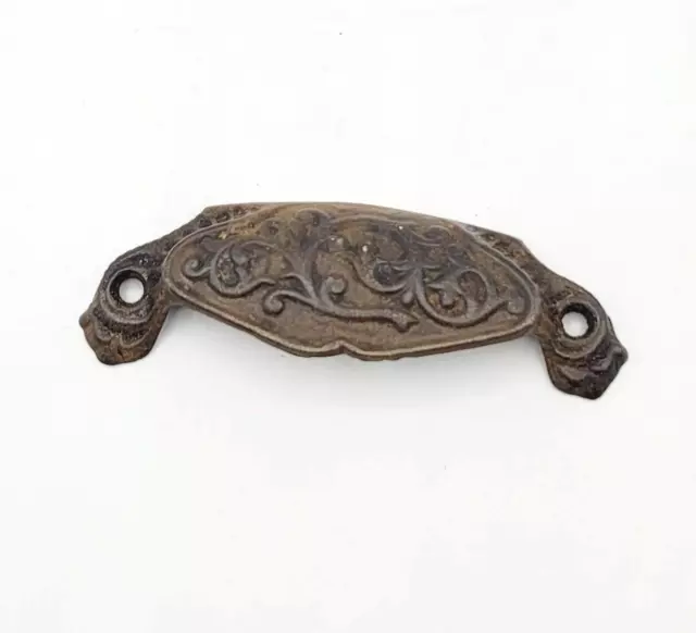 Antique Victorian Cast Iron Scroll Decoration Bin Pull Drawer Hardware 3"