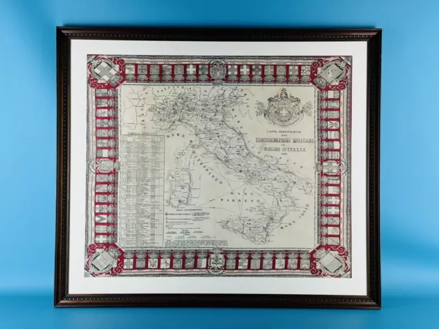 Antica Carta Mappa Militare Regno D’Italia 1884 Tessuto Con Cornice Legno 75cm