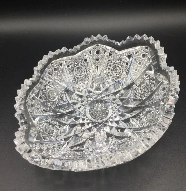 American Brilliant Cut Glass Oval Bowl Hobstar Cross Hatch