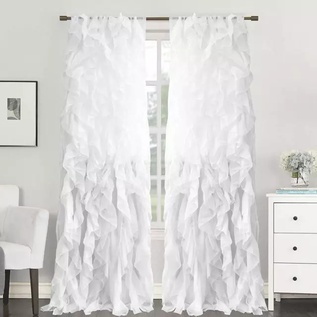 2pc Cascade Shabby Chic Sheer Vertical Ruffled Window Curtain Panel Drapes set