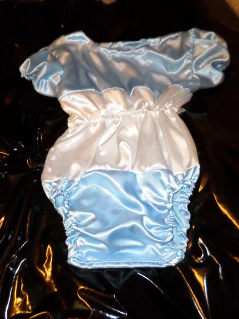 ABDL SISSY all-in-one BABY BLUE + WHITE SATIN  romper 50" CHEST SLEEPSUIT