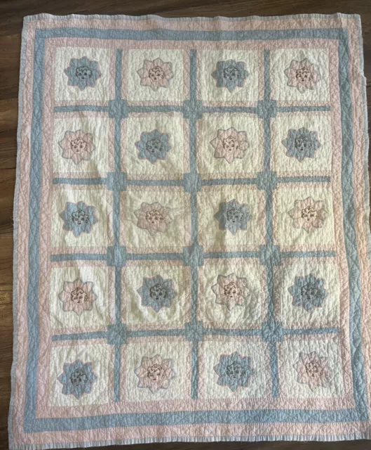 Vtg Soft Hand Made Embroidered Crib Baby Quilt Pink  Blue Angel Faces Cabbage