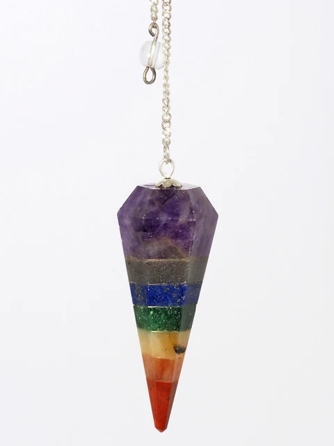 Pendule Chakra 7 Pierres Précieuses - Cristal De Quartz - Chaîne Métal - Longueur 25-29 Cm