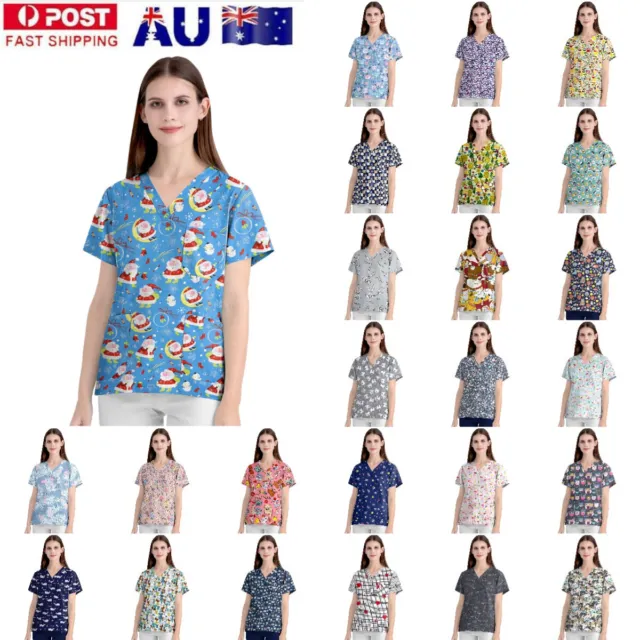 Unisex Printed Medical Uniform Nursing Scrub Short Sleeve T-Shirt Tops S-XXL AU