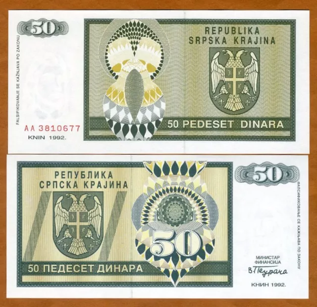 Croatia, Knin, 50 Dinara, 1992, P-R2, UNC Bosnian War