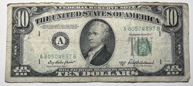 1950 B $10 Ten Dollar Bill Federal Reserve Note  Boston MA Vintage Old Currency