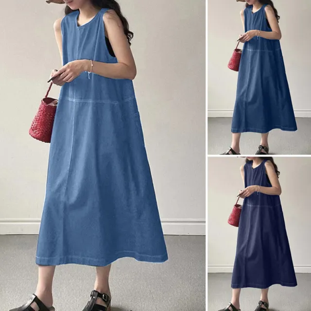 Hot Women Long Skirt Round Neck Sleeveless Pocket Vest Denim Dress Casual Summer