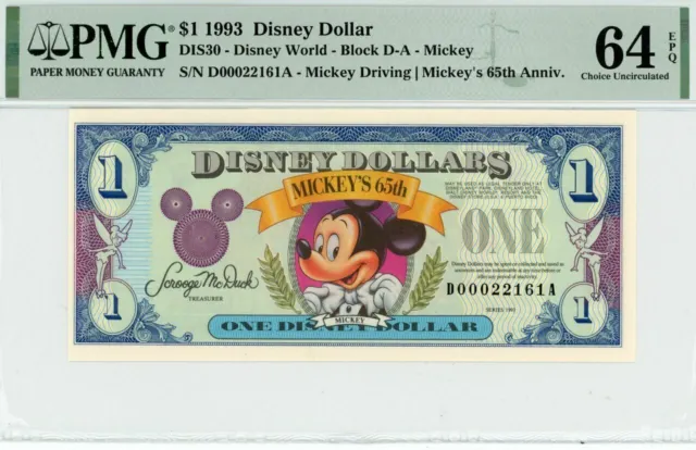 1993 $1 Disney Dollar Mickey 65th Anniv. PMG 64 EPQ (DIS30)