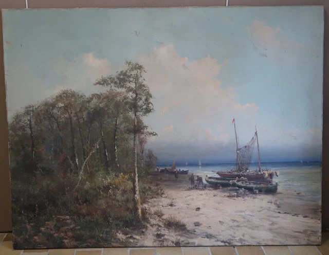Animated Beachfront Board Godchaux Boat . 89 x 116 cm.