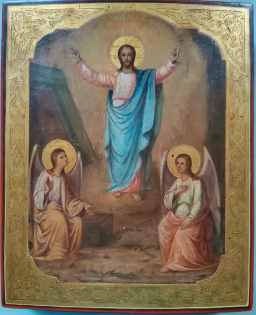 Antigüedad 19c Pintado a Mano Rusa Icon Resurrection De Cristo en Oro