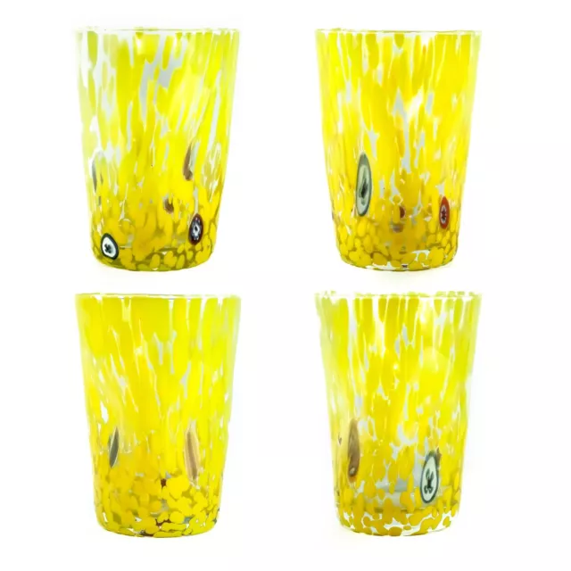 Set of Four 4 Murano Glass Drinking Art Tumblers Yellow Hand Made Millefiori
