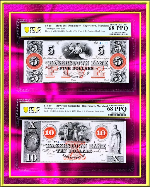 INA Maryland Hagerstown Bank Set of $5 & $10 US Obsolete Currency PCGS 68 PPQ