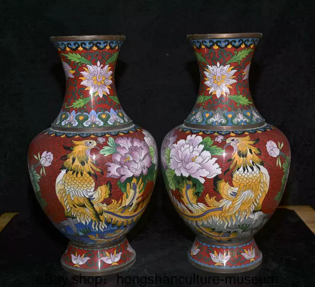 14.4 " China Red Cloisonne enamel Bronze Dynasty Peony Flower Bird Vase Pair