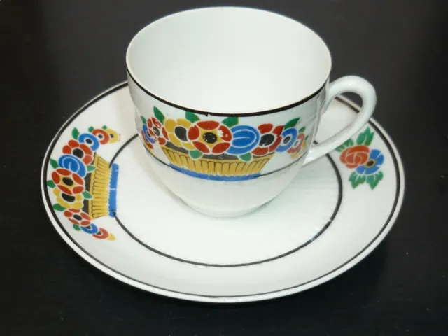 2 petites tasses café et sous tasses porcelaine fine décor panier fleuri 70-80
