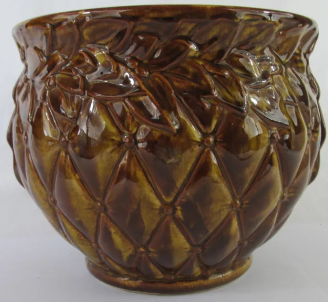 JARDINIERE FLOWER POT PLANTER! Vintage McCOY ART pottery: BROWN QUILTED patt EXC