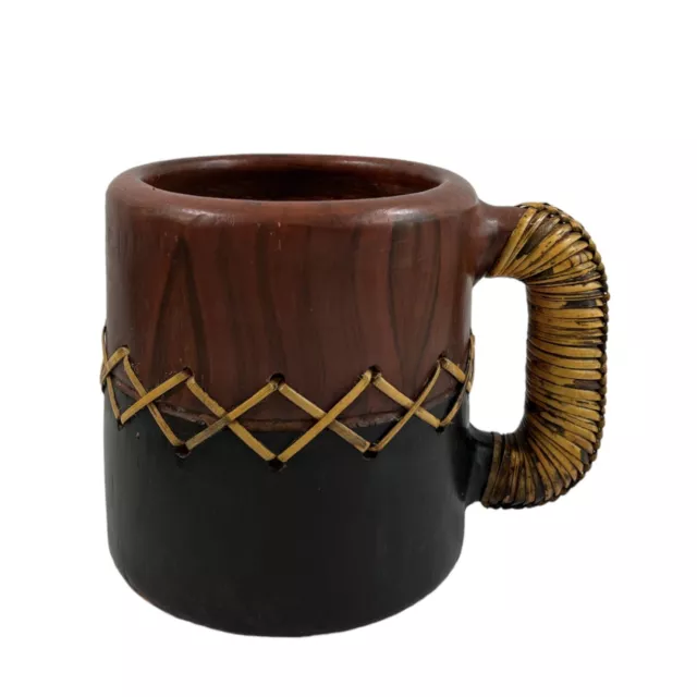 Handmade Terracotta Mug Shaped Planter With Woven Rattan Accents