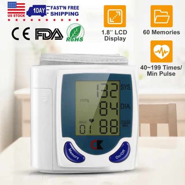 Digital LCD Wrist Blood Pressure Monitor Heart-Beat Rate Pulse Meter Measure USA