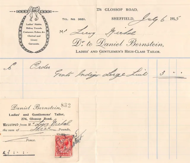 SHEFFIELD - Daniel Bernstein, 276 Glossop Rd, Tailors Billhead - Invoice 1915