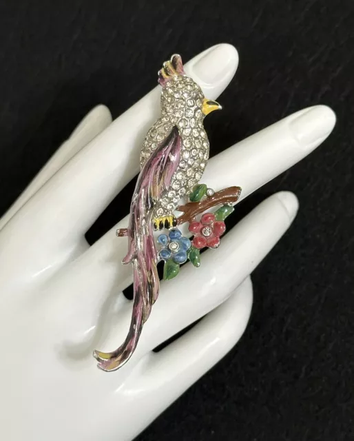 Gorgeous Rhinestone Coro Enamel Bird On Branch Clip Brooch Pin