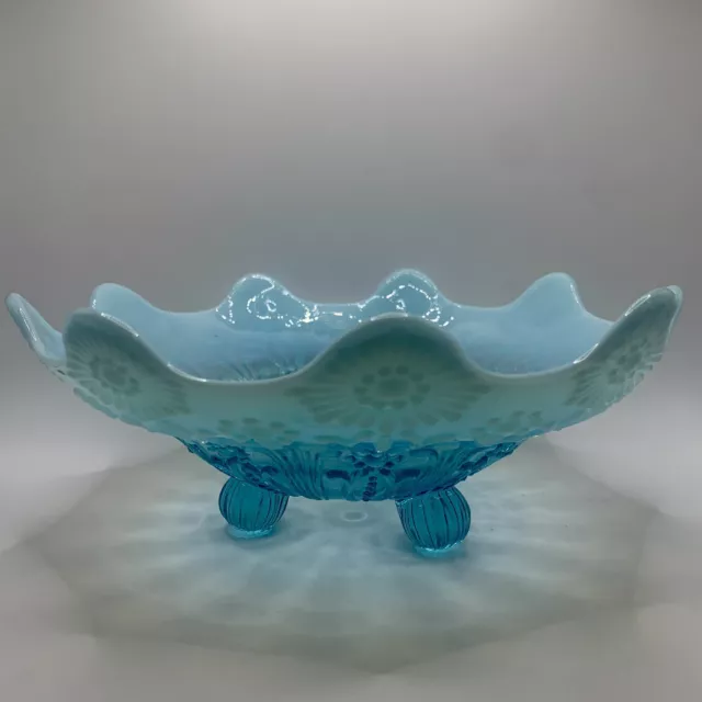 VTG Northwood Glass Blue Opalescent Pearl Flowers Footed Bowl Gorgeous Antique