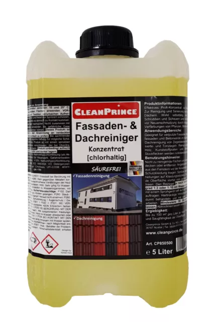 Fassaden- und Dach Reiniger chlorhaltig 5 Liter | Konzentrat säurefrei Putz Dach