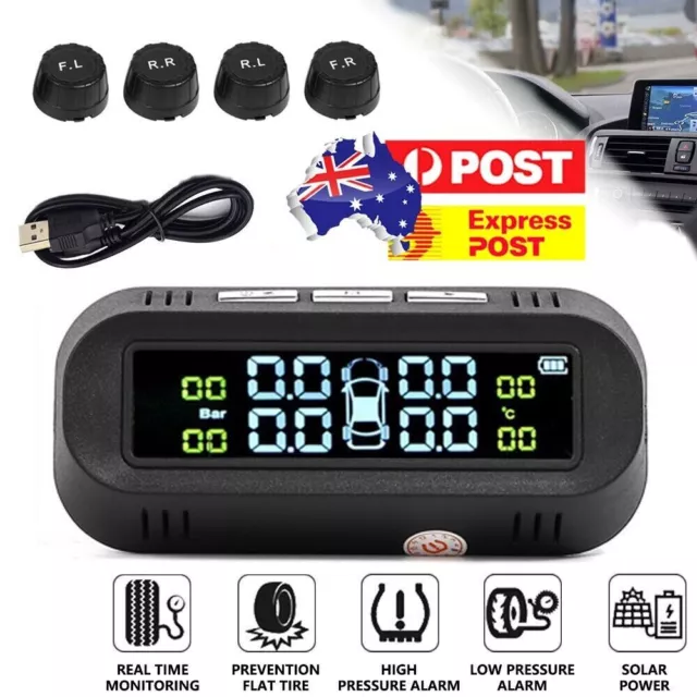 TPMS Solar Wireless Car Tire Tyre Pressure Monitor Monitoring System + 4 Sensors