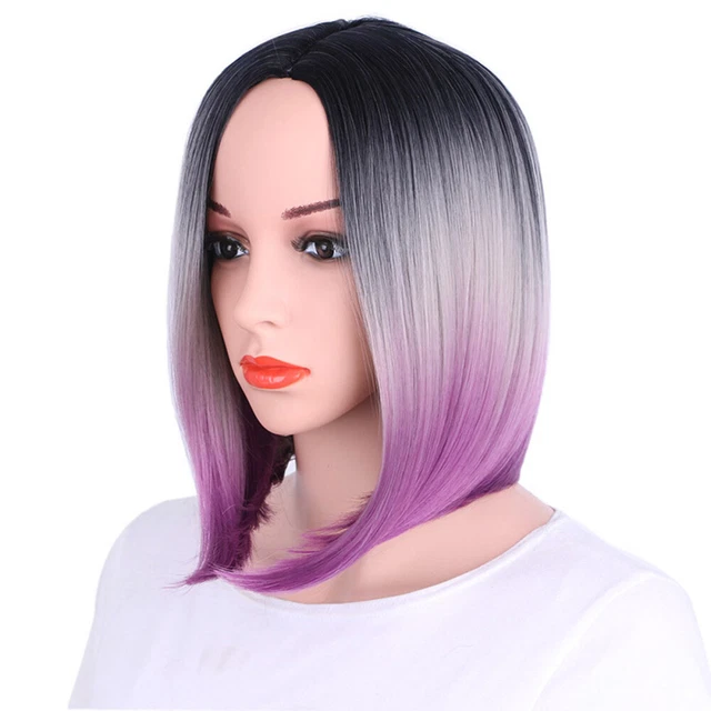 Womens Bob Wig Gradient Color Cosplay Synthetic Hair Wig Short Straight Wigs