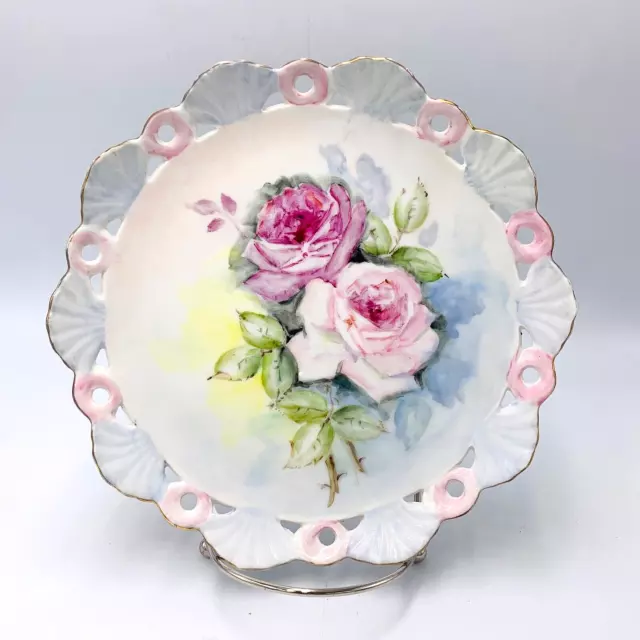 VTG Porcelain Wall Plate Signed Reticulated Hand painted Roses Cottage core