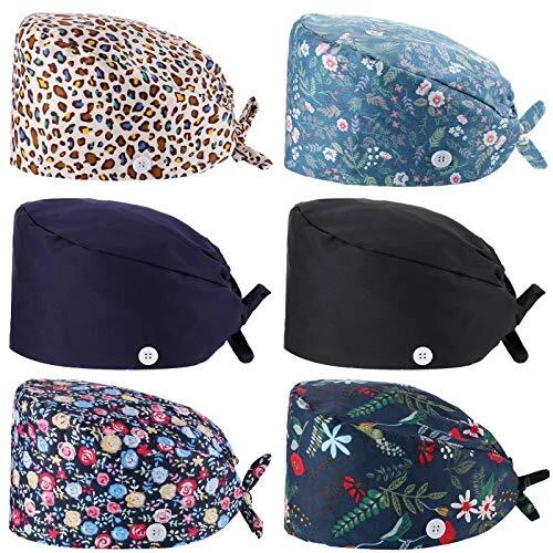 6 Pieces Bouffant Scrub Caps Printed Working Surgical Cap Nurse Hats with But