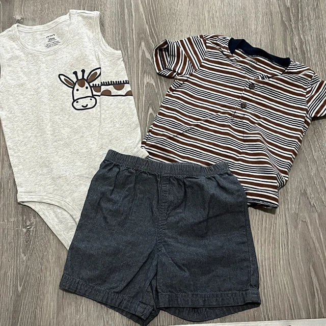 Carters 3 Piece Boys Summer Outfit Sz 24 M Brown White Giraffe Shorts T Shirts