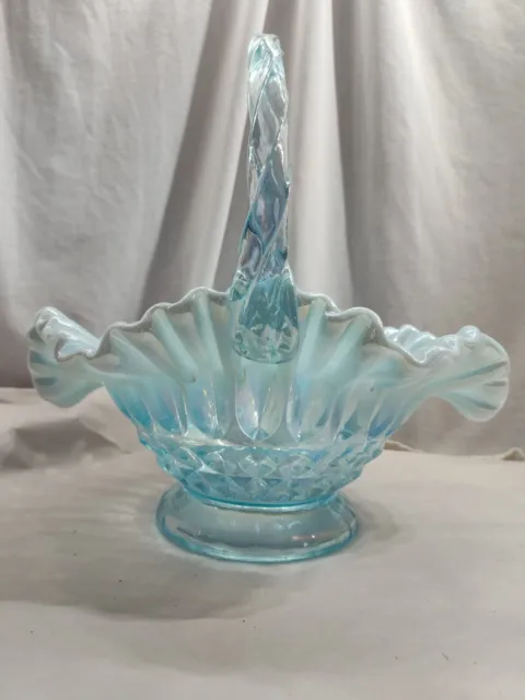 Fenton Iridescent Opalescent Turquoise Basket Signed Lynn Fenton  11"