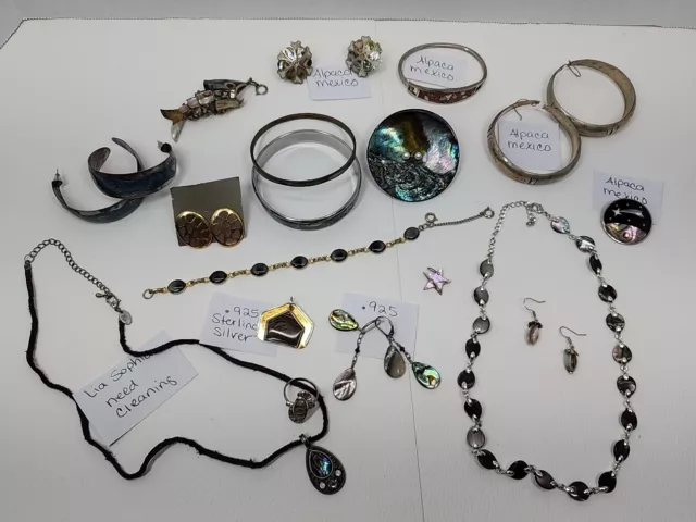 Vintage To Now All Wear Abalone Shell Alpaca Mexico & 925 18pc Mixed Jewelry Lot