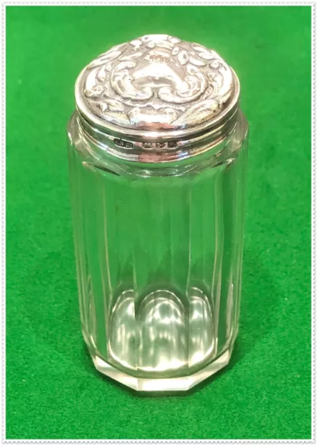 Solid Silver Top/Crystal Glass Vanity Jar. Chester 1900.  James Dewsnip Ltd