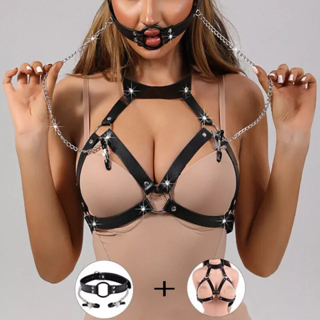 Femme Soutien-Gorge Sexy PU Cuir Lingerie Chaîne Bra Avec Collier Boule Gag BDSM