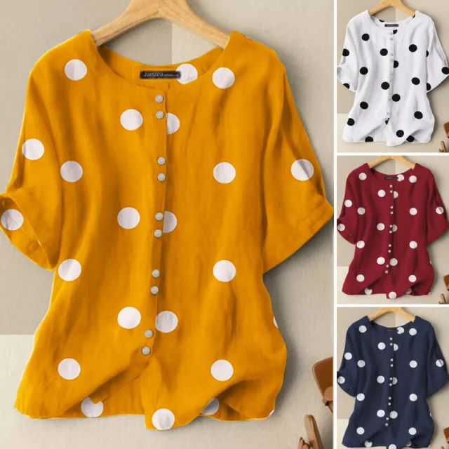 Women Short Sleeve Button Up T Shirt Blouse Polka Dots Tops Casual Loose T-Shir