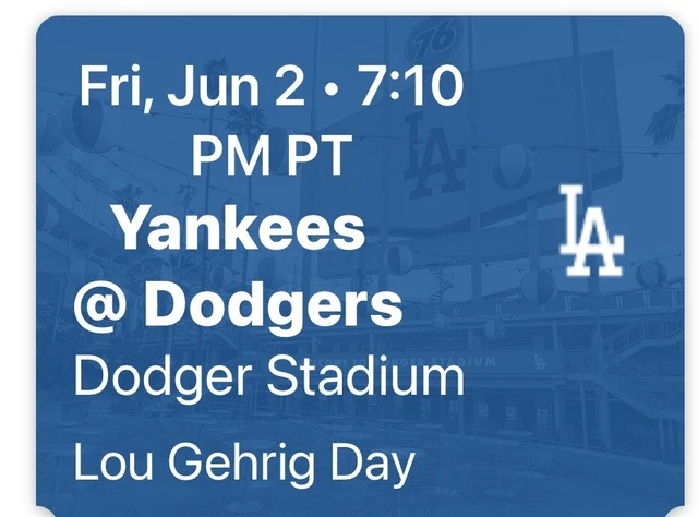 Yankees @ Dodgers 2 Tickets Tonight June 2, Baseline Club Parking Free F/D Ss