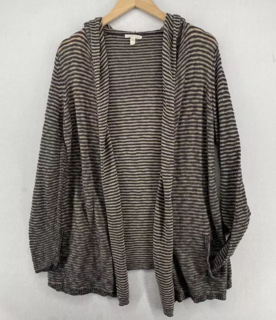 EILEEN FISHER Cardigan S Organic Cotton Striped Hoodie Long Sleeve Gray Beige