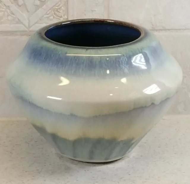 Bill Campbell Studio Art Pottery Blended Glaze Blue Cream Low Vase 5" Signed EC!
