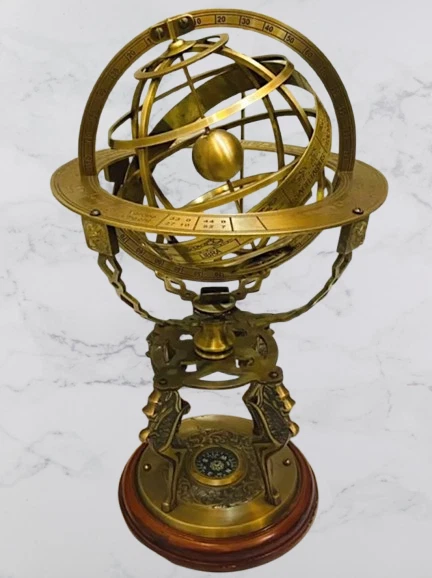 Sphère Armillaire Moyenne En Laiton Massif - 28cm - Décor Bureau Vintage - Instrument Astronomique Ancien