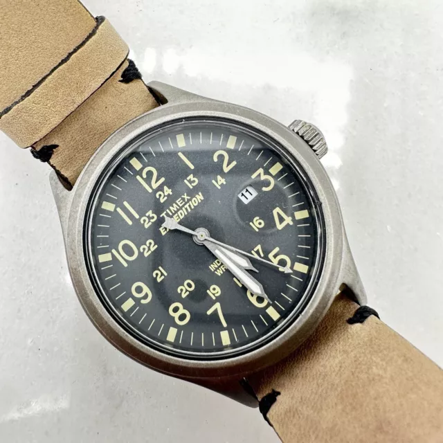 Timex Expedition Scout Watch Men's 40mm Brass Date Brown Leather  - NEW BATTERY