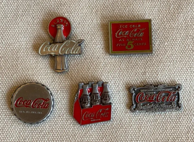 Vintage Set Of 5 Coca Cola Pin - Coke Bottle, Signs, Cap, Bottle Rack
