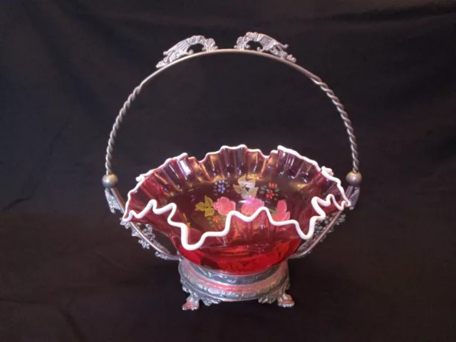 Cranberry Hand Painted Bride's Basket Seated in an Ornate Metal Carrier