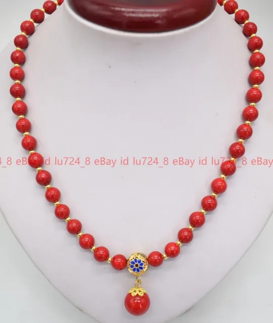 Beautiful Jewelry 8mm Natural Red Coral Gemstone Round Beads Pendant Necklace
