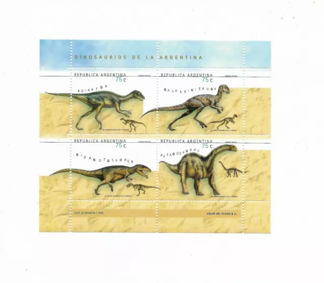 Argentina 1998, Dinosaurios, Hoja De Miniatura Fauna Prehistórica, 4... 2