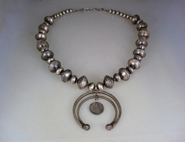 OLD NAVAJO 1920s COIN SILVER DIME BEADS NAJA NECKLACE w/ 1853 Half Dime dangle
