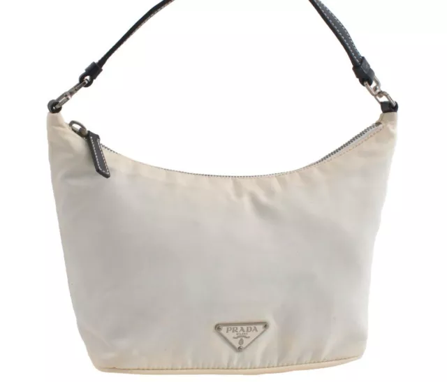 Authentic PRADA Vintage Nylon Tessuto Leather Hand Bag Purse White 9242I