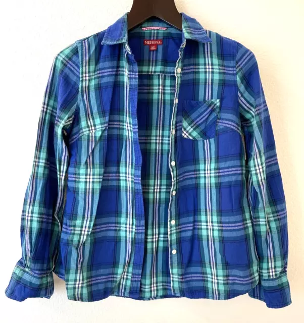 Merona Womens Flannel Shirt Size S Blue Green Plaid Long Sleeve Button Down