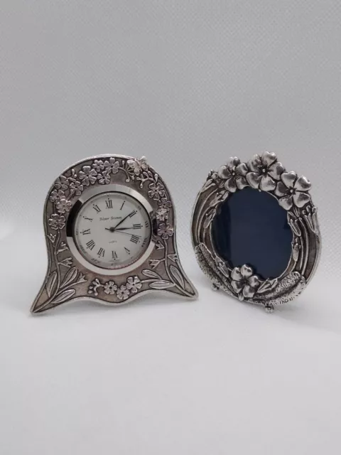 Vintage Silver Scenes Miniature Clock and Photo Frame Silver Plated Working