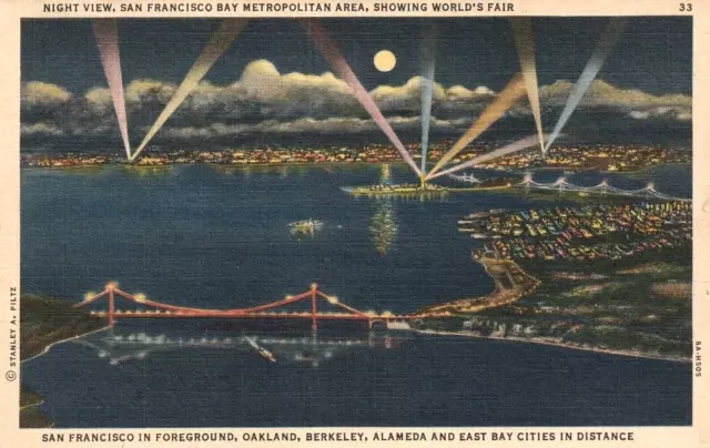 1939 World's Fair Expo San Francisco Bay Postcard + 4 Cities At Night